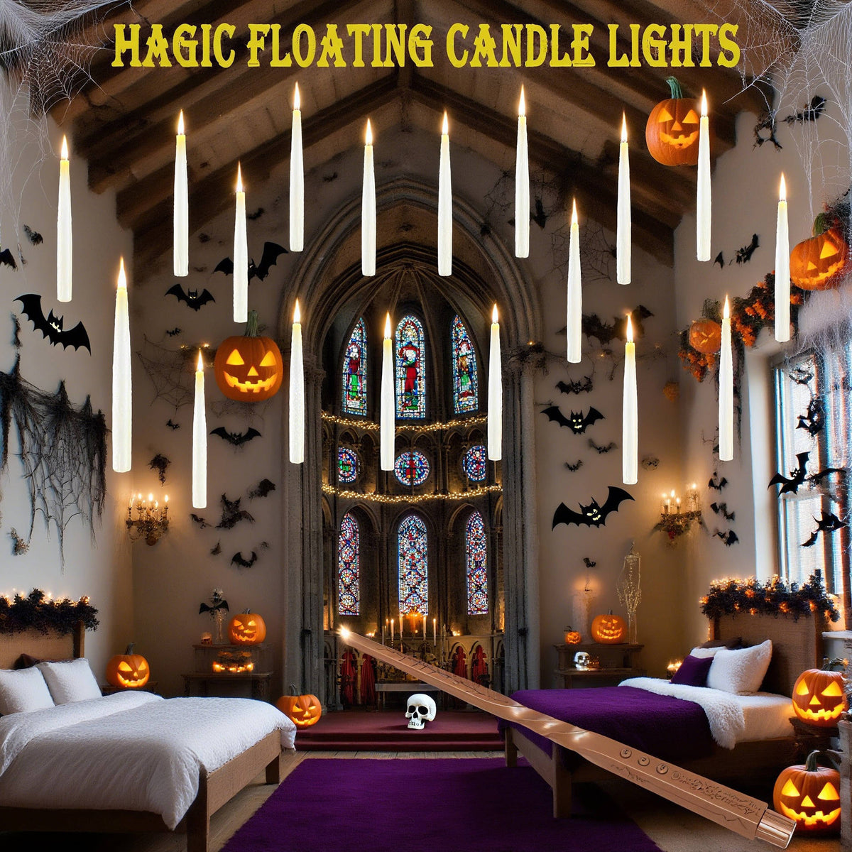 20 Pcs Floating Candles, Halloween Decorations with Wand Timer for Indoor Party Decor and Haunted House Displays