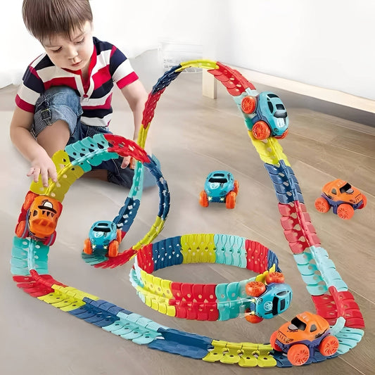 Flexible Race Track Set with LED Lights and Anti Tip Car for Kids