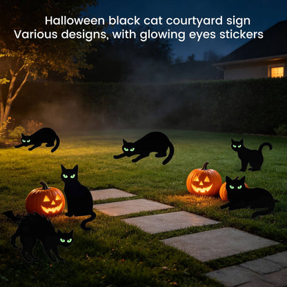 6 Pack Halloween Black Cat Yard Decorations, Waterproof Lawn Signs with Stakes and Glow in Dark Eyes for Outdoor Halloween Decor