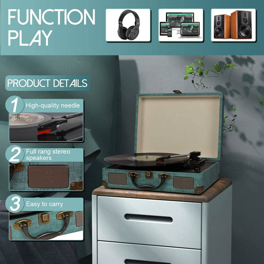 Record Player Vintage 3 Speed Bluetooth Vinyl Turntable with Built in Speakers