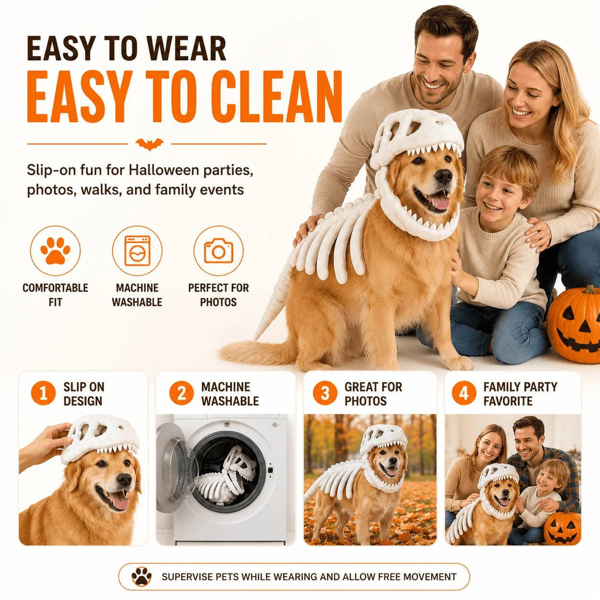 Dinosaur Skeleton Costume for Dogs and Cats, Halloween Pet Costume for Parties and Dress Up