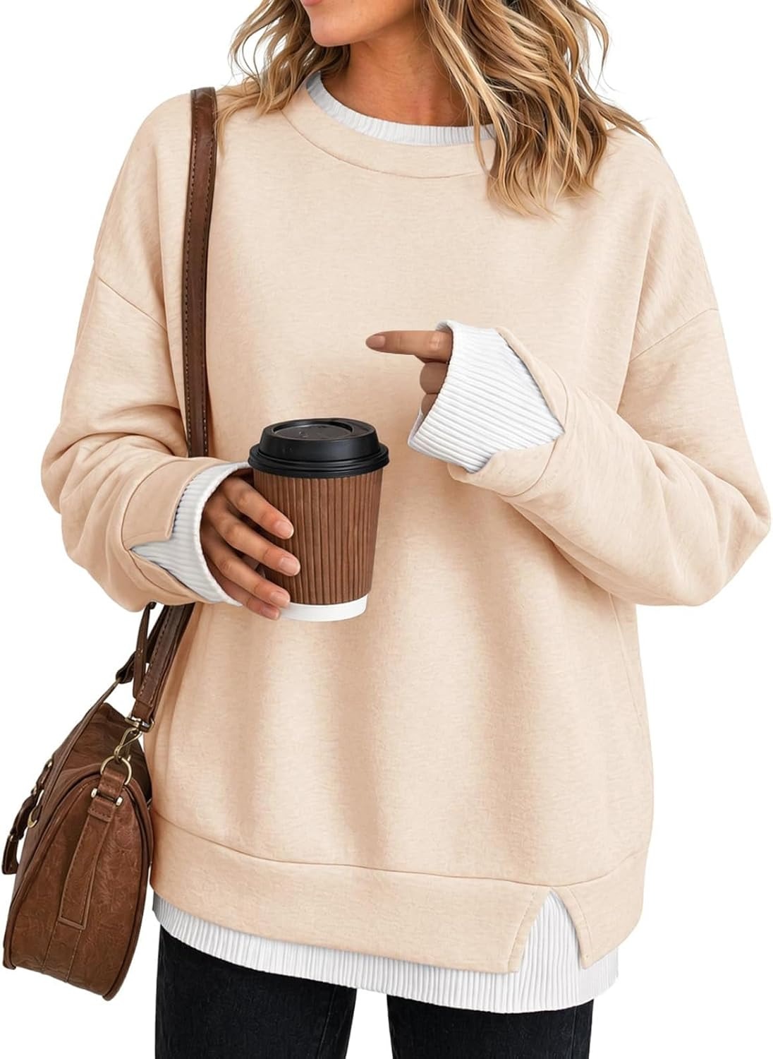 Women's Fake Two Piece Layered Sweatshirt Patchwork Oversized Pullover Top