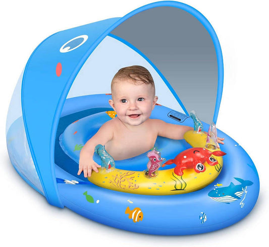 Inflatable Baby Pool Float with Adjustable Four-Position Canopy and Dual Air Chambers