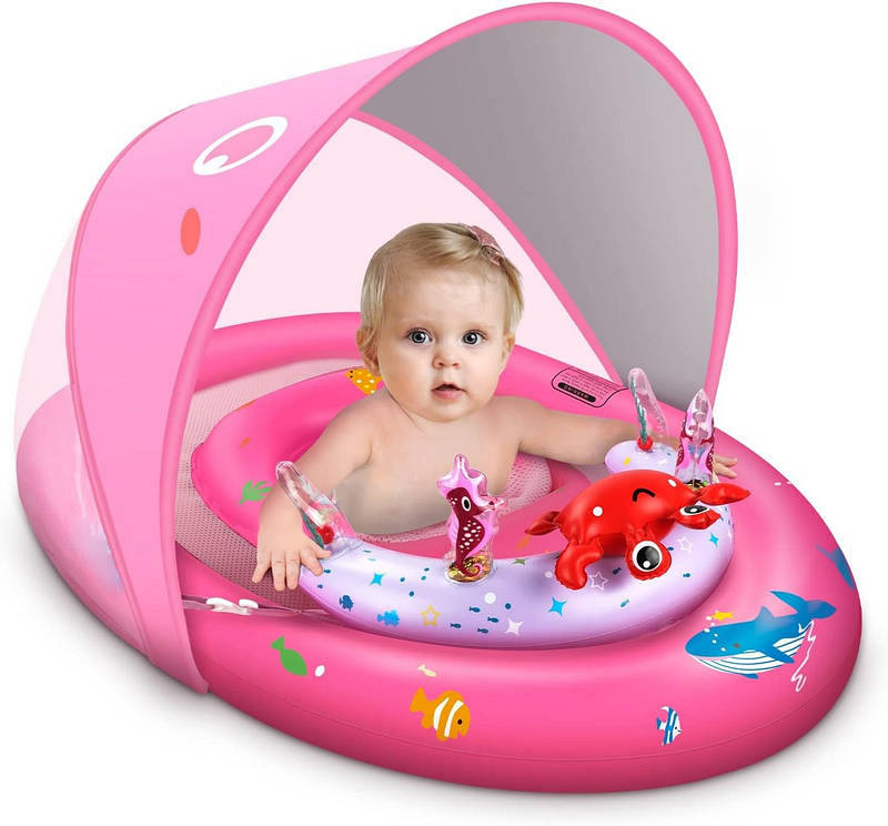 Inflatable Baby Pool Float with Adjustable Four-Position Canopy and Dual Air Chambers