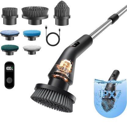 Electric Spin Scrubber with Extendable Handle and 7 Brush Heads for Grout
