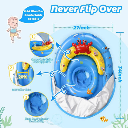 Inflatable Baby Pool Float with Adjustable Four-Position Canopy and Dual Air Chambers