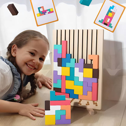 Wooden Puzzle Blocks with 42 Pieces and 10 Cards, Foldout Stand