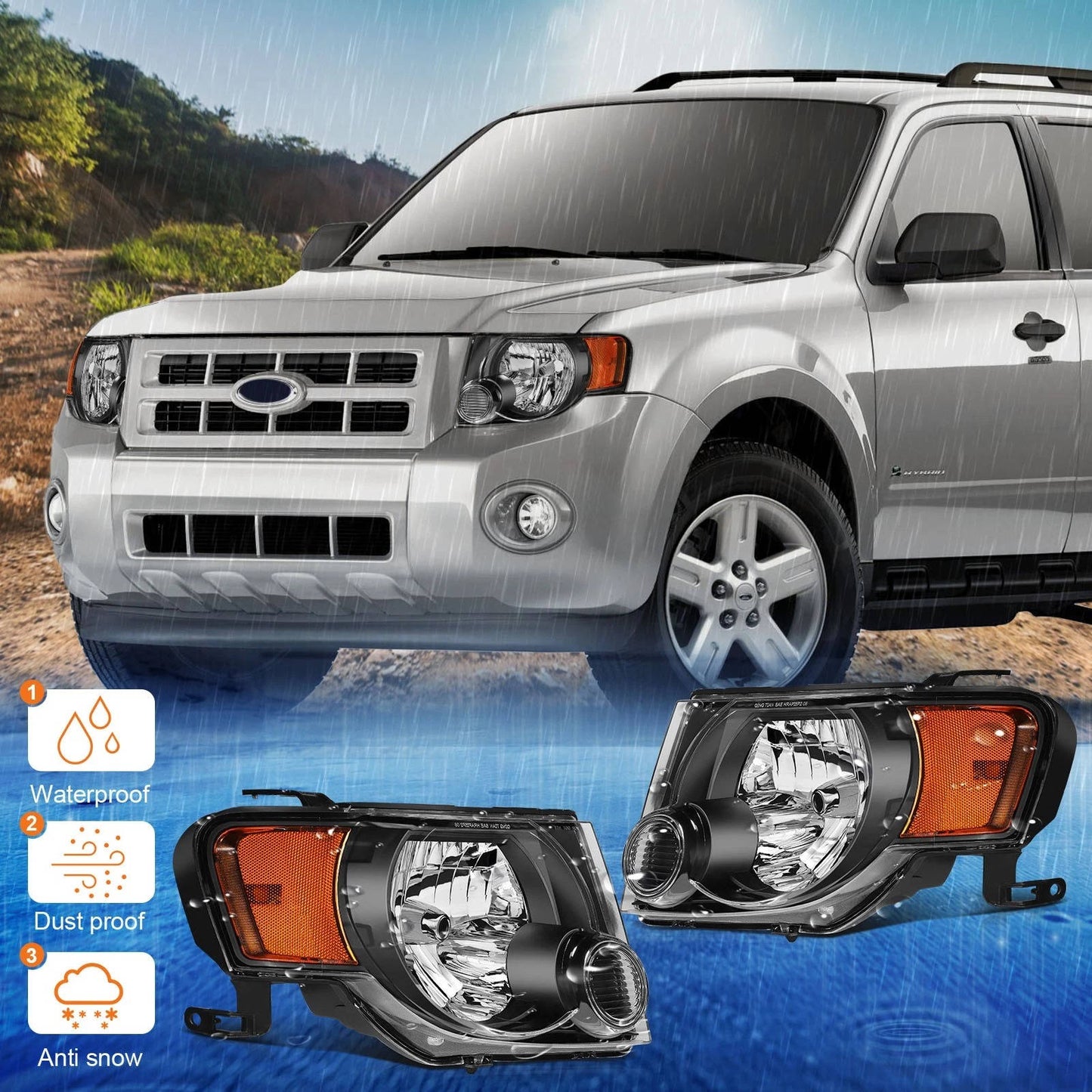2008 to 2012 Ford Escape SUV Headlights, Stealth Black Housing Clear Lens Assembly, Left Driver & Right Passenger Side Pair Set, Direct OEM Fit