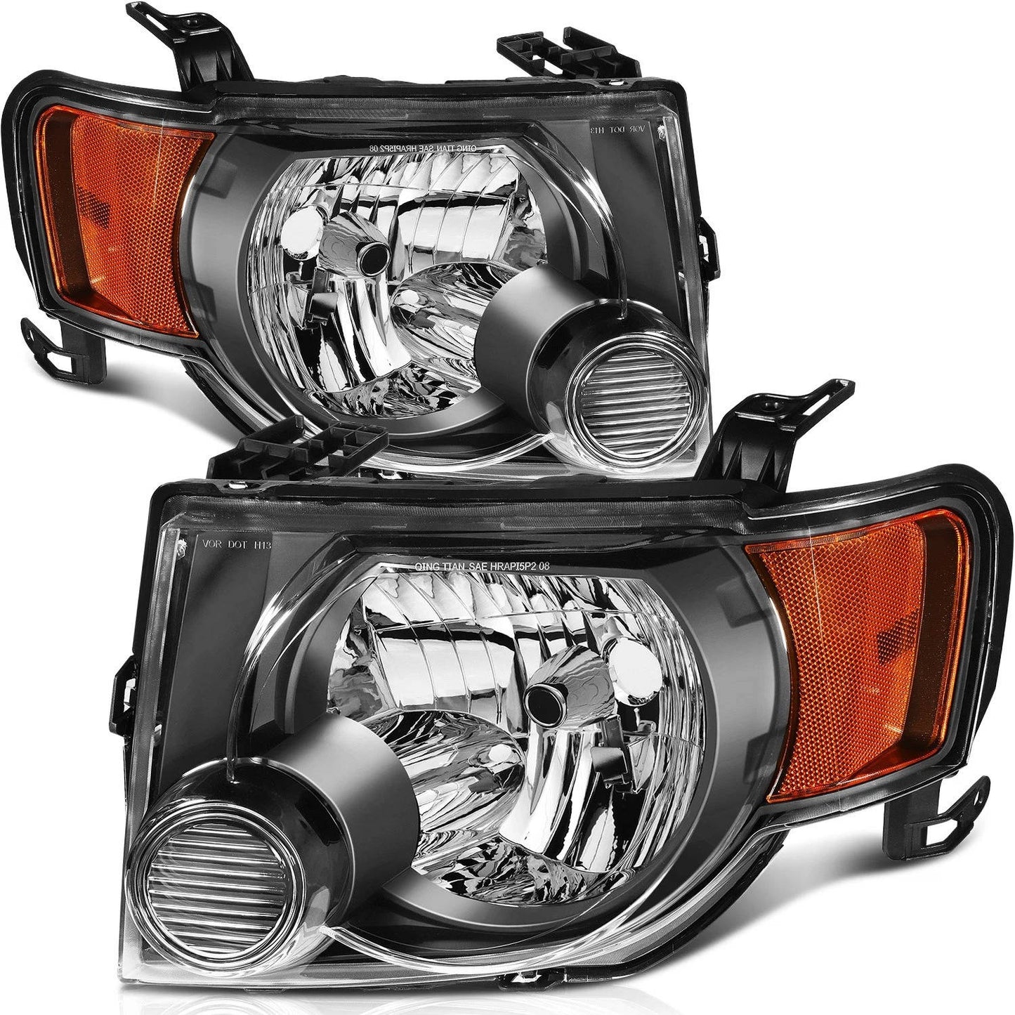 2008 to 2012 Ford Escape SUV Headlights, Stealth Black Housing Clear Lens Assembly, Left Driver & Right Passenger Side Pair Set, Direct OEM Fit