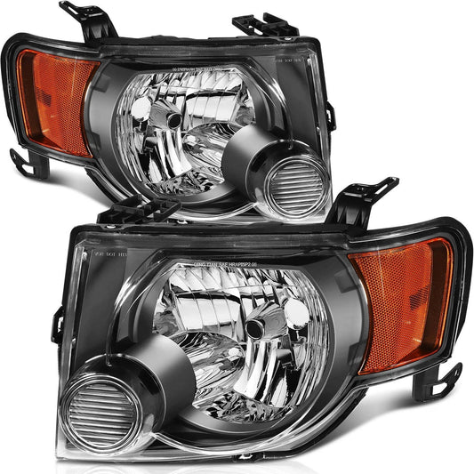 2008 to 2012 Ford Escape SUV Headlights, Stealth Black Housing Clear Lens Assembly, Left Driver & Right Passenger Side Pair Set, Direct OEM Fit
