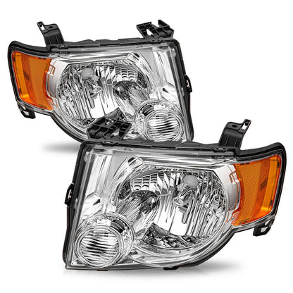 2008 to 2012 Ford Escape SUV Halogen Headlights, Chrome Housing Amber Side Replacement Assembly, Left Driver & Right Passenger Side Pair Set