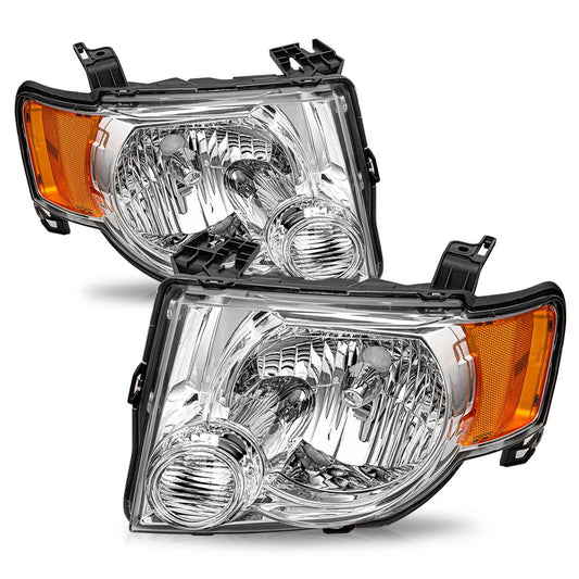 2008 to 2012 Ford Escape SUV Halogen Headlights, Chrome Housing Amber Side Replacement Assembly, Left Driver & Right Passenger Side Pair Set