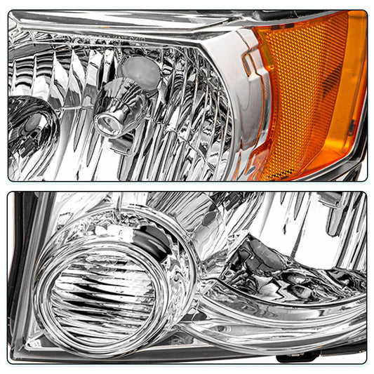 2008 to 2012 Ford Escape SUV Halogen Headlights, Chrome Housing Amber Side Replacement Assembly, Left Driver & Right Passenger Side Pair Set