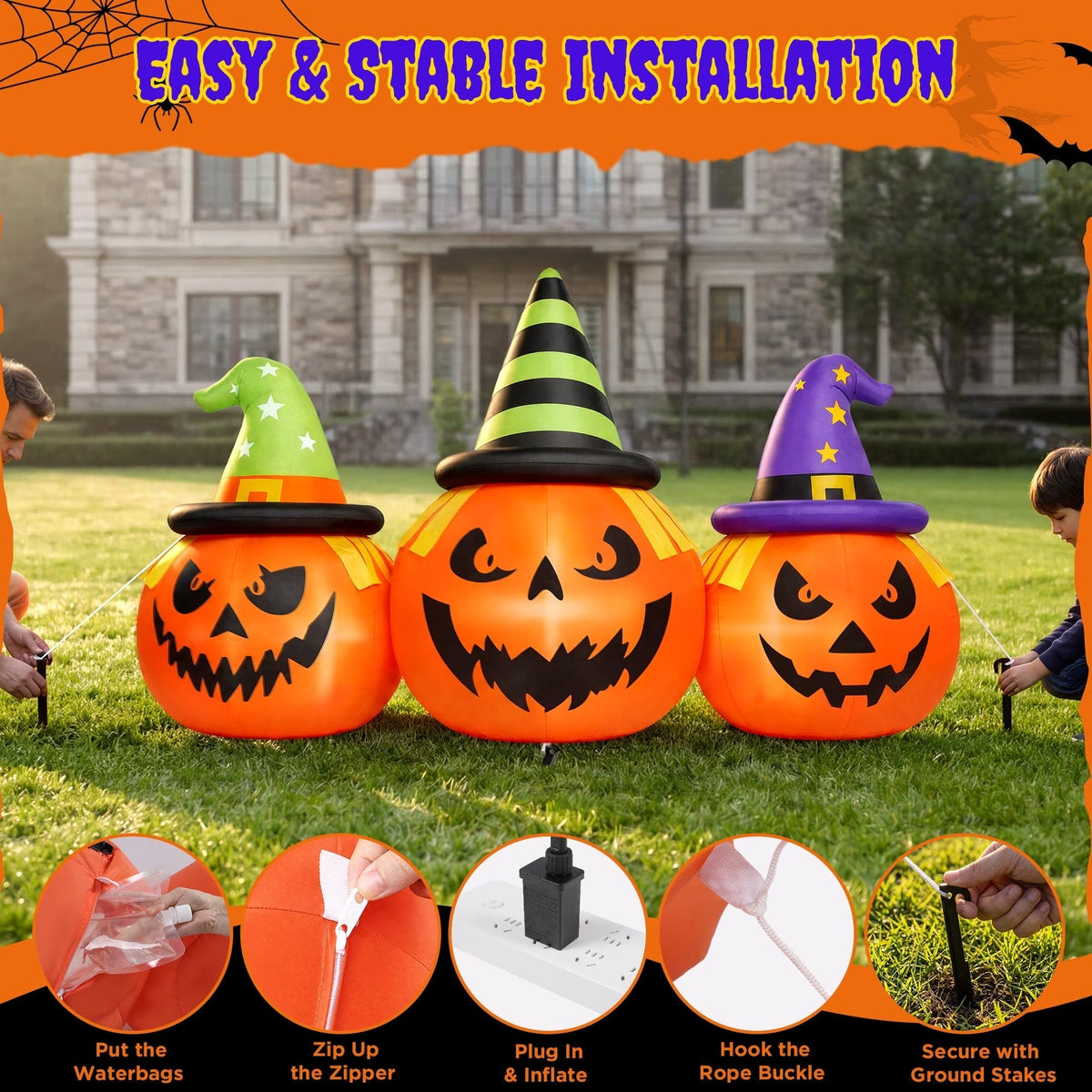 Inflatable Pumpkin Yard Display with Built-In LED Lights and Air Blower, 6 Feet Wide