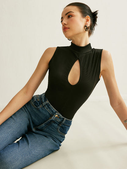 Ribbed Stand Collar Sleeveless Tank with Stretch Fabric