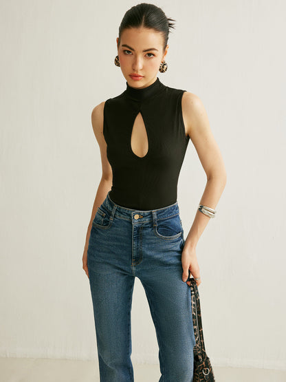Ribbed Stand Collar Sleeveless Tank with Stretch Fabric