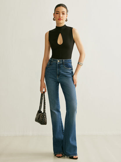 Ribbed Stand Collar Sleeveless Tank with Stretch Fabric
