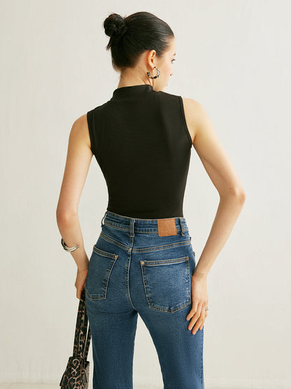 Ribbed Stand Collar Sleeveless Tank with Stretch Fabric