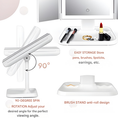 Triple Panel Makeup Mirror with LED Lighting and Magnification, Foldable Design