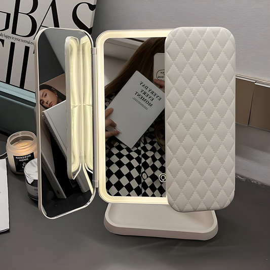 Triple Panel Makeup Mirror with LED Lighting and Magnification, Foldable Design