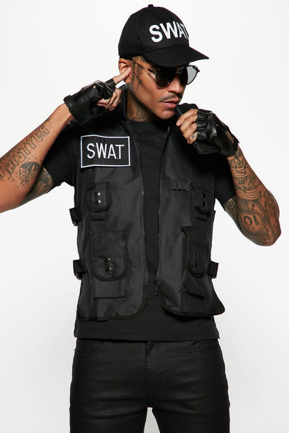 Four Piece Tactical Costume Set with Vest, Cap and Fingerless Gloves