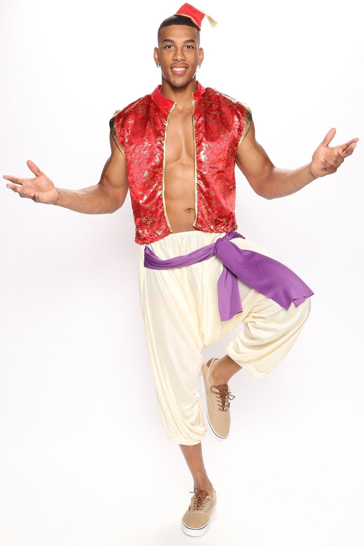 Men's Three Piece Royal Costume Set with Red Velvet Jacket and Decorative Trim