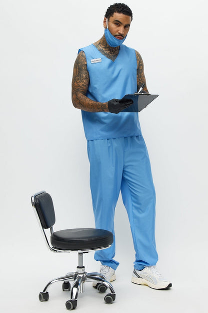 Blue Medical Scrub Costume Set for Men with V Neck Top and Loose Fit Pants