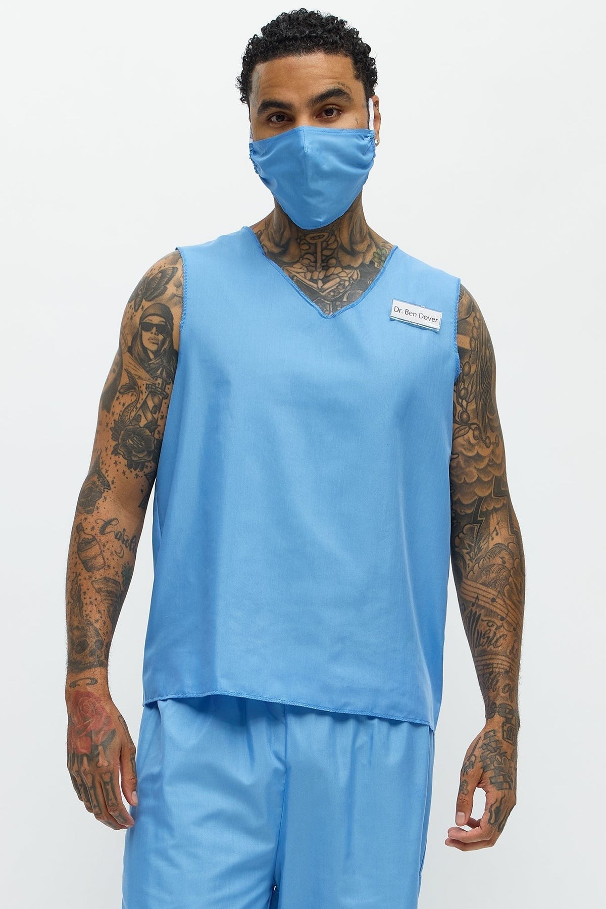 Blue Medical Scrub Costume Set for Men with V Neck Top and Loose Fit Pants