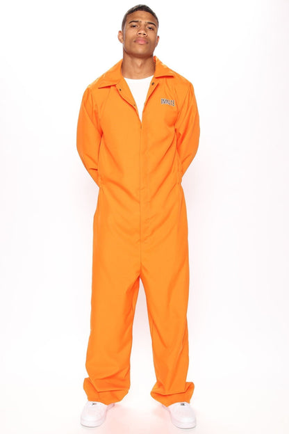Prisoner Costume Jumpsuit with Chest Print and Front Closure, Orange
