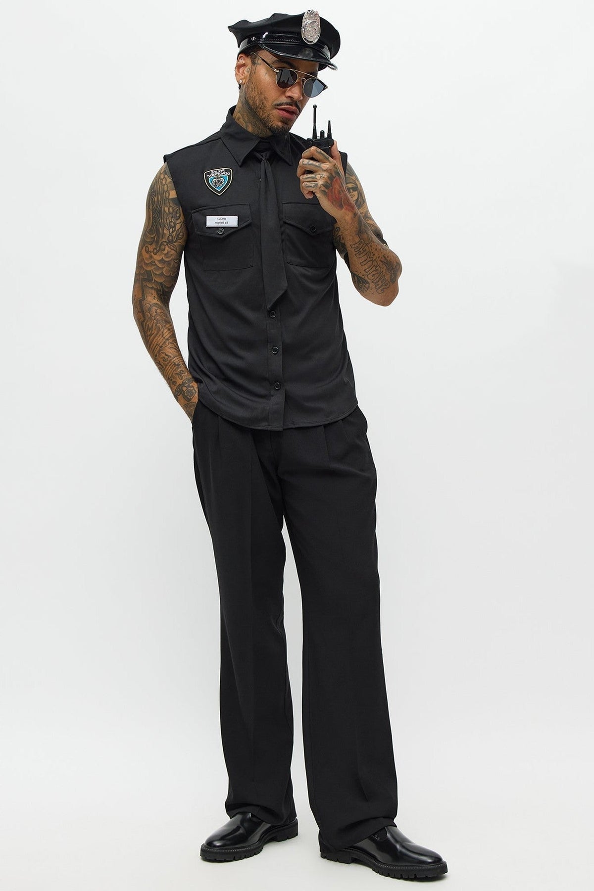 Black Officer Costume Shirt and Hat Set for Men
