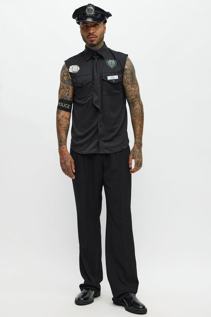 Black Officer Costume Shirt and Hat Set for Men