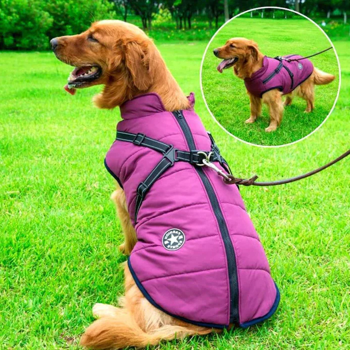 Waterproof Winter Dog Jacket with Sherpa Fleece Lining, Built-in Harness