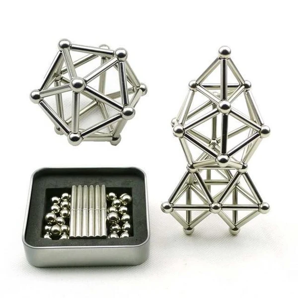 Magnetic Building Blocks Set with 36 Sticks and 27 Beads, Tin Storage
