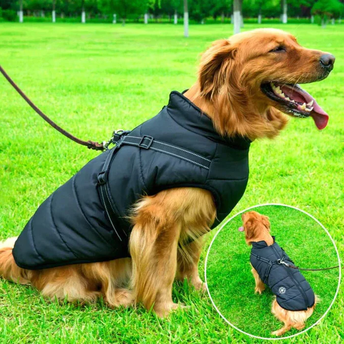 Waterproof Winter Dog Jacket with Sherpa Fleece Lining, Built-in Harness