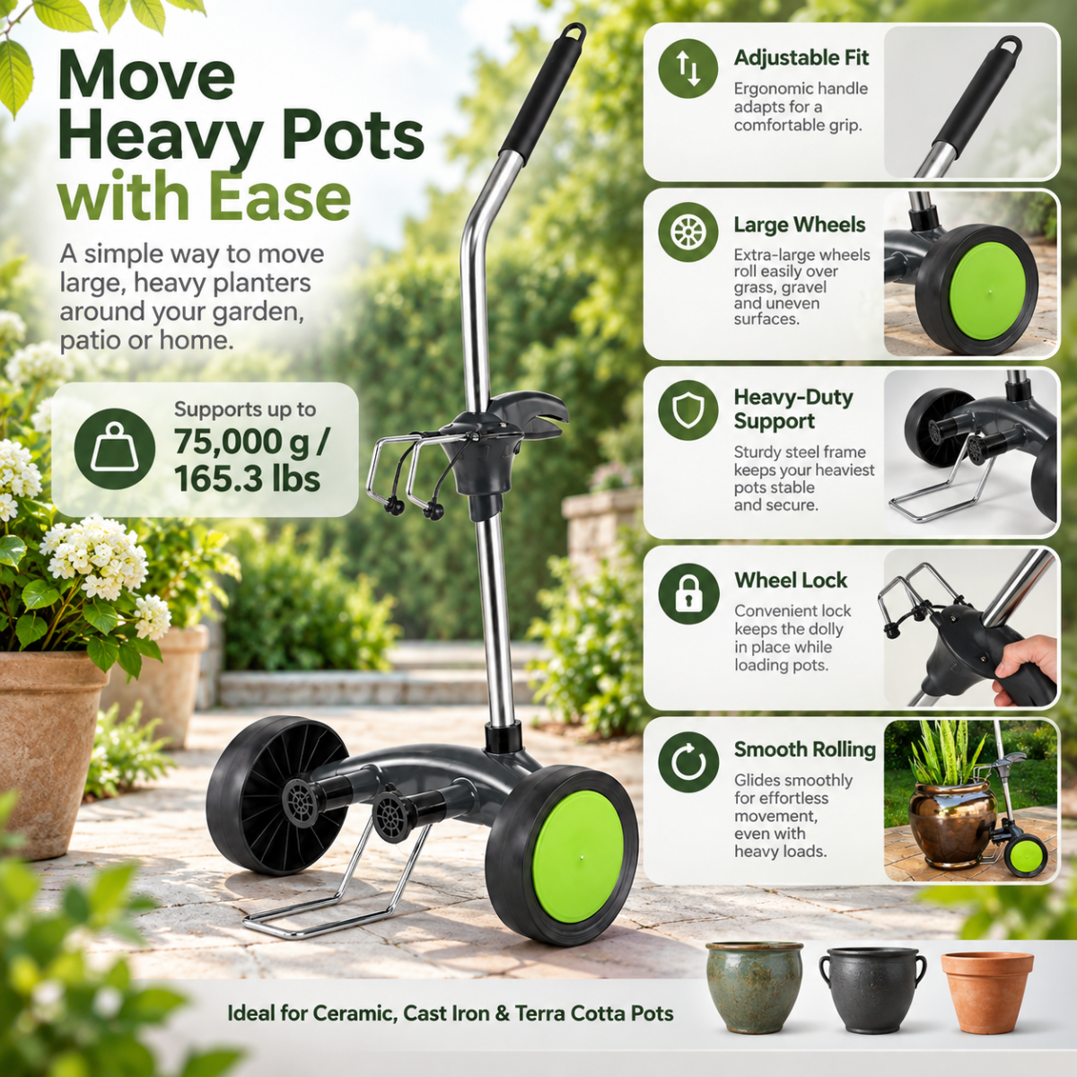 Potted Plant Mover Adjustable Dolly Heavy Duty Wheel Lock