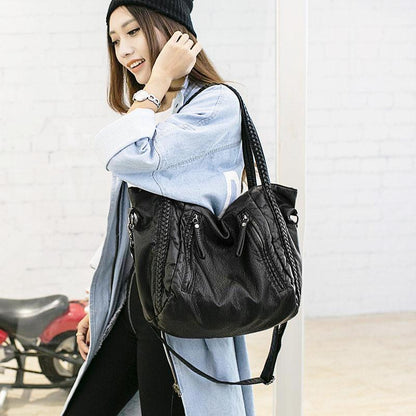 Luxury Black Genuine Leather Tote Handbag