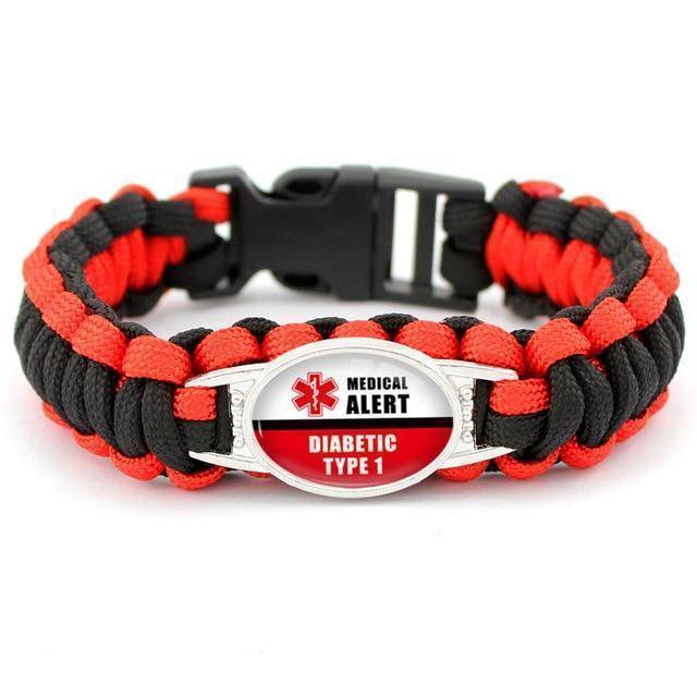 Medical Alert ID Bracelet for Diabetes - Red Black Rope
