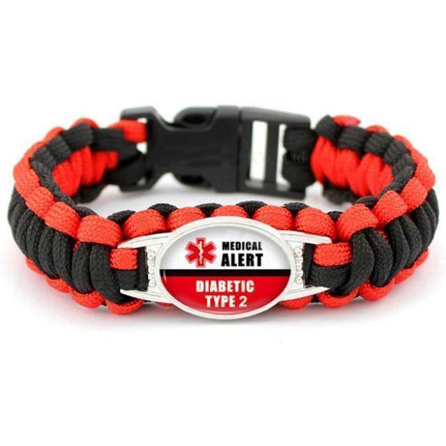 Medical Alert ID Bracelet for Diabetes - Red Black Rope