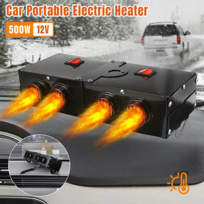 12V Car Heater with Four Air Outlets and Dual Zone Control, 500W Portable Dash Unit