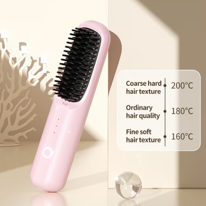 Rechargeable Hair Straightener Brush with Ceramic Teeth and Ion Release, Travel Pouch