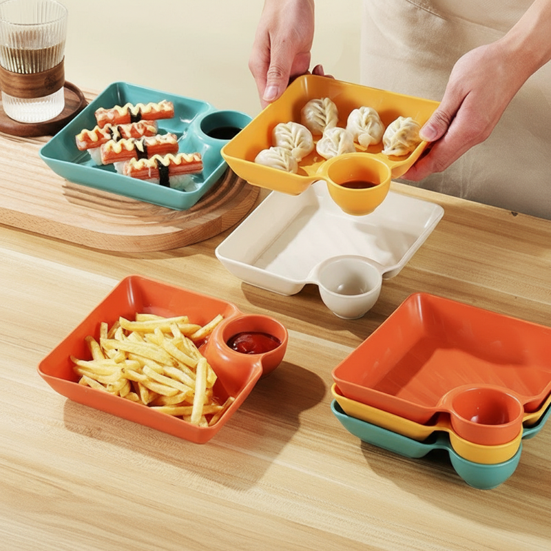 4PCS Snack and Appetizer Plate with Sauce Holder