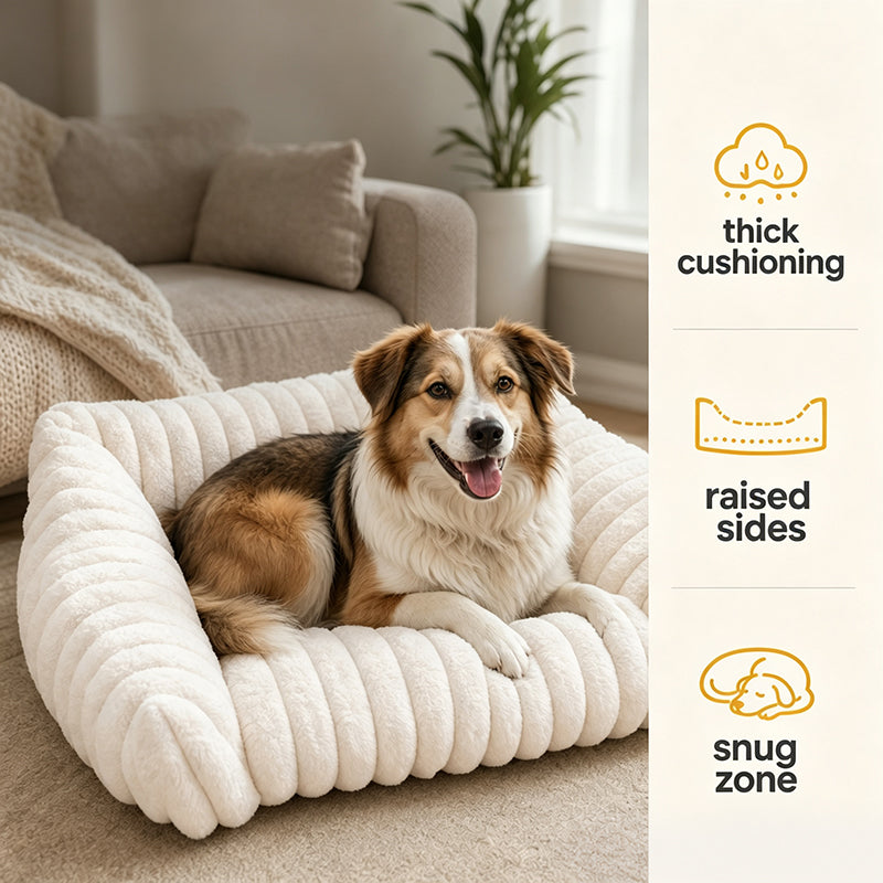 Cozy Sofa Pet Bed – Ultra-Comfortable, Raised Bolster Edges & Super-Soft Ribbed Plush
