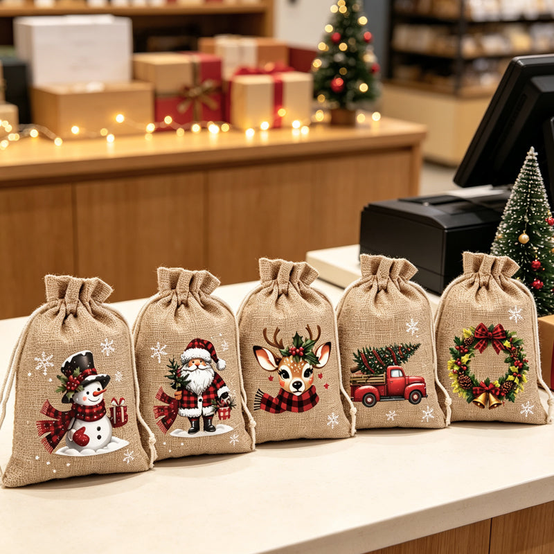 Christmas Drawstring Gift Bags – Festive Santa & Reindeer Prints, Double Drawstring Closure & Durable Fabric – Holiday Cheer in Every Gift
