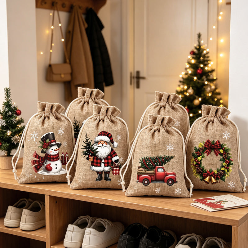 Christmas Drawstring Gift Bags – Festive Santa & Reindeer Prints, Double Drawstring Closure & Durable Fabric – Holiday Cheer in Every Gift