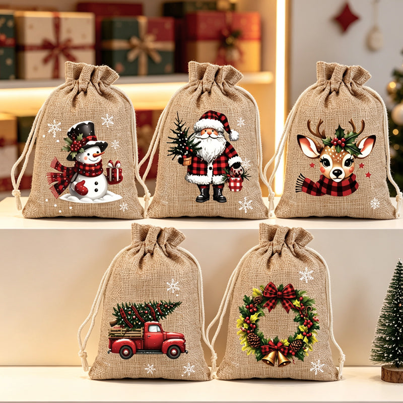 Christmas Drawstring Gift Bags – Festive Santa & Reindeer Prints, Double Drawstring Closure & Durable Fabric – Holiday Cheer in Every Gift