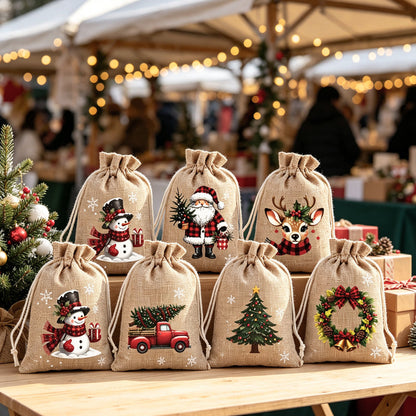 Christmas Drawstring Gift Bags – Festive Santa & Reindeer Prints, Double Drawstring Closure & Durable Fabric – Holiday Cheer in Every Gift