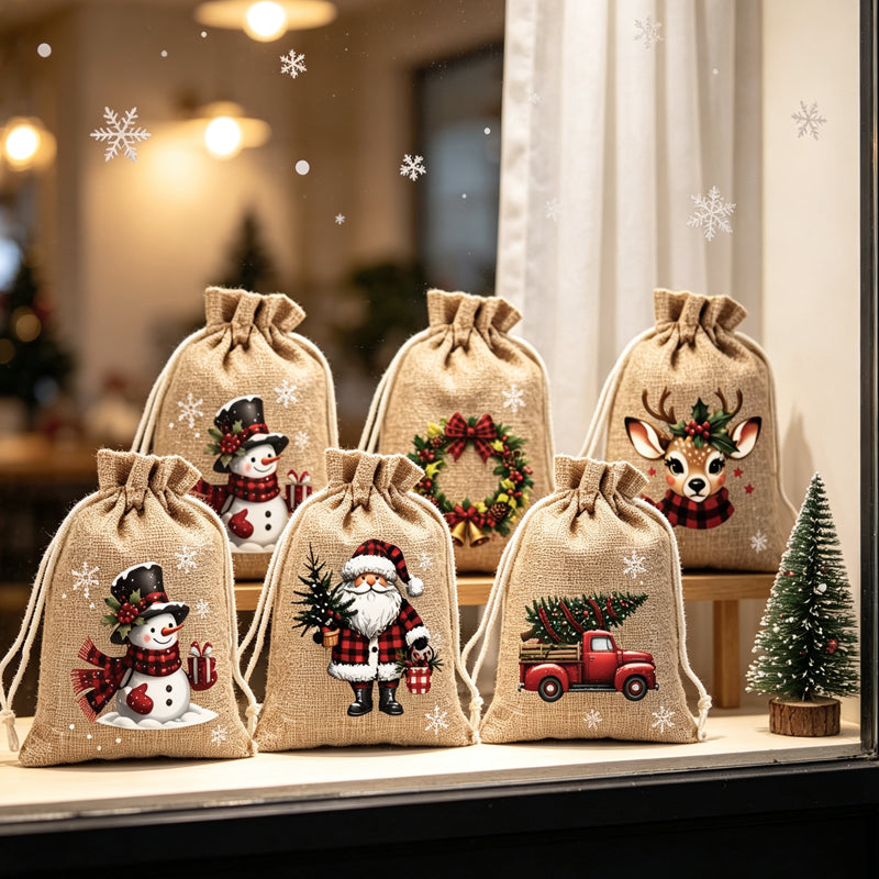 Christmas Drawstring Gift Bags – Festive Santa & Reindeer Prints, Double Drawstring Closure & Durable Fabric – Holiday Cheer in Every Gift