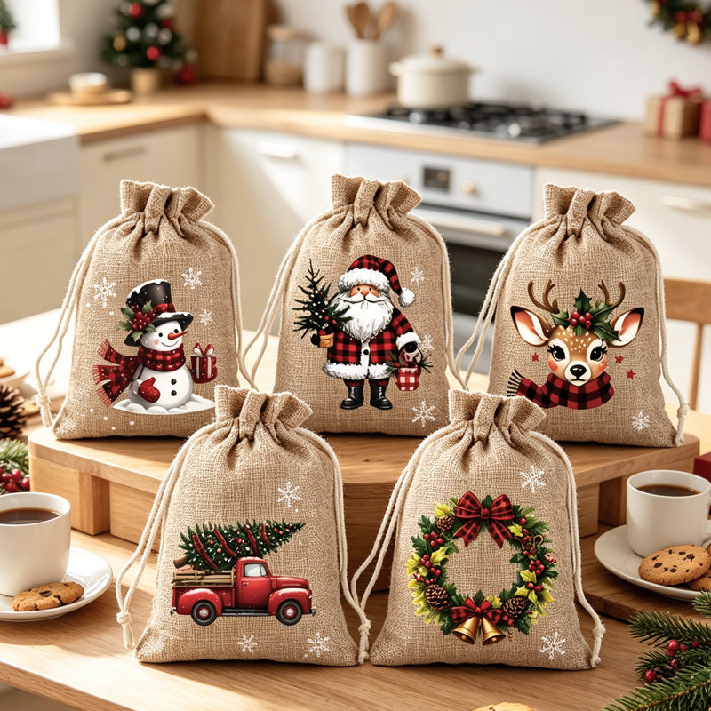 Christmas Drawstring Gift Bags – Festive Santa & Reindeer Prints, Double Drawstring Closure & Durable Fabric – Holiday Cheer in Every Gift