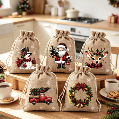 Christmas Drawstring Gift Bags – Festive Santa & Reindeer Prints, Double Drawstring Closure & Durable Fabric – Holiday Cheer in Every Gift