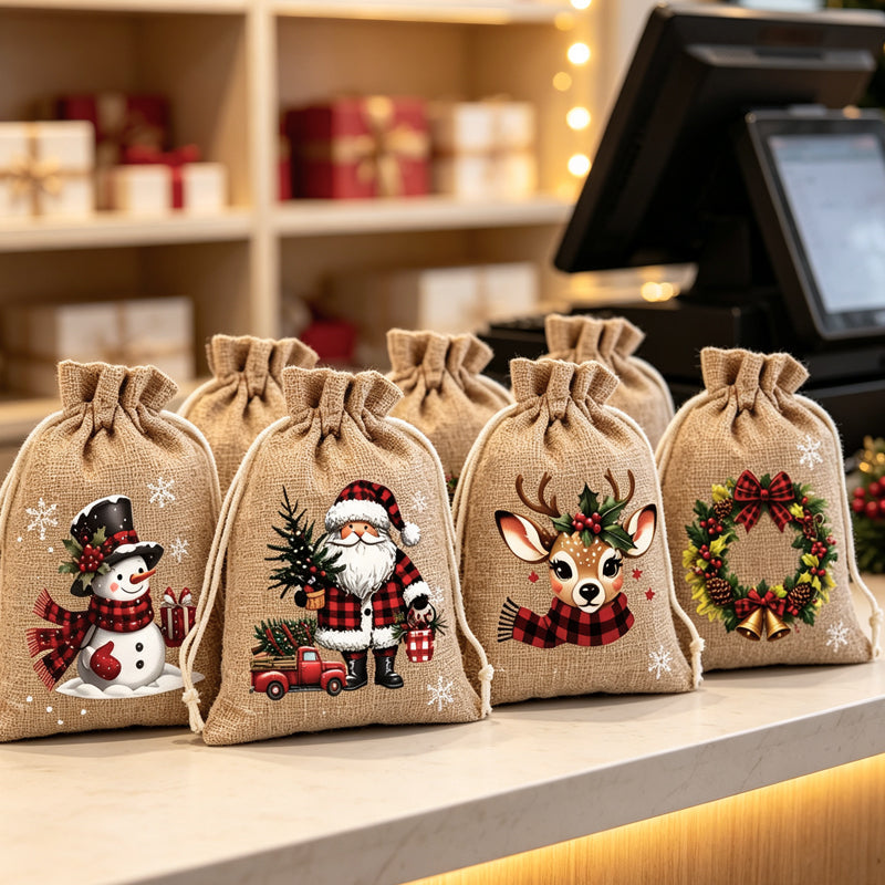 Christmas Drawstring Gift Bags – Festive Santa & Reindeer Prints, Double Drawstring Closure & Durable Fabric – Holiday Cheer in Every Gift